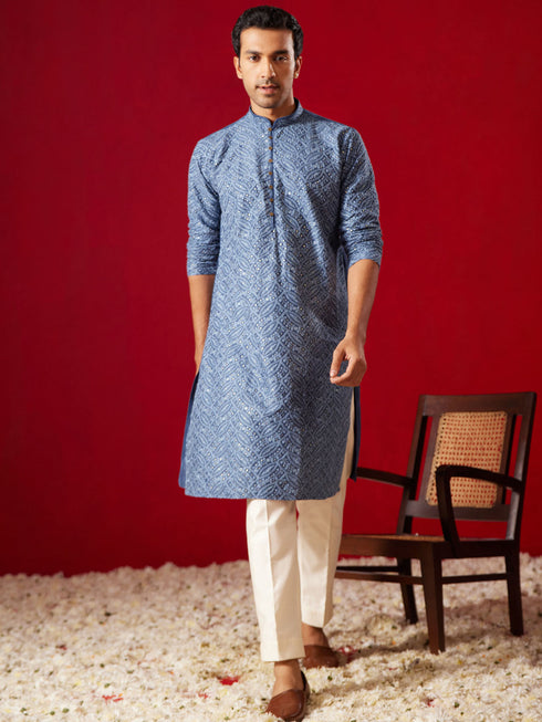 SHRESTHA BY VASTRAMAY Men's Grey Cotton Schiflli Kurta Pant Set